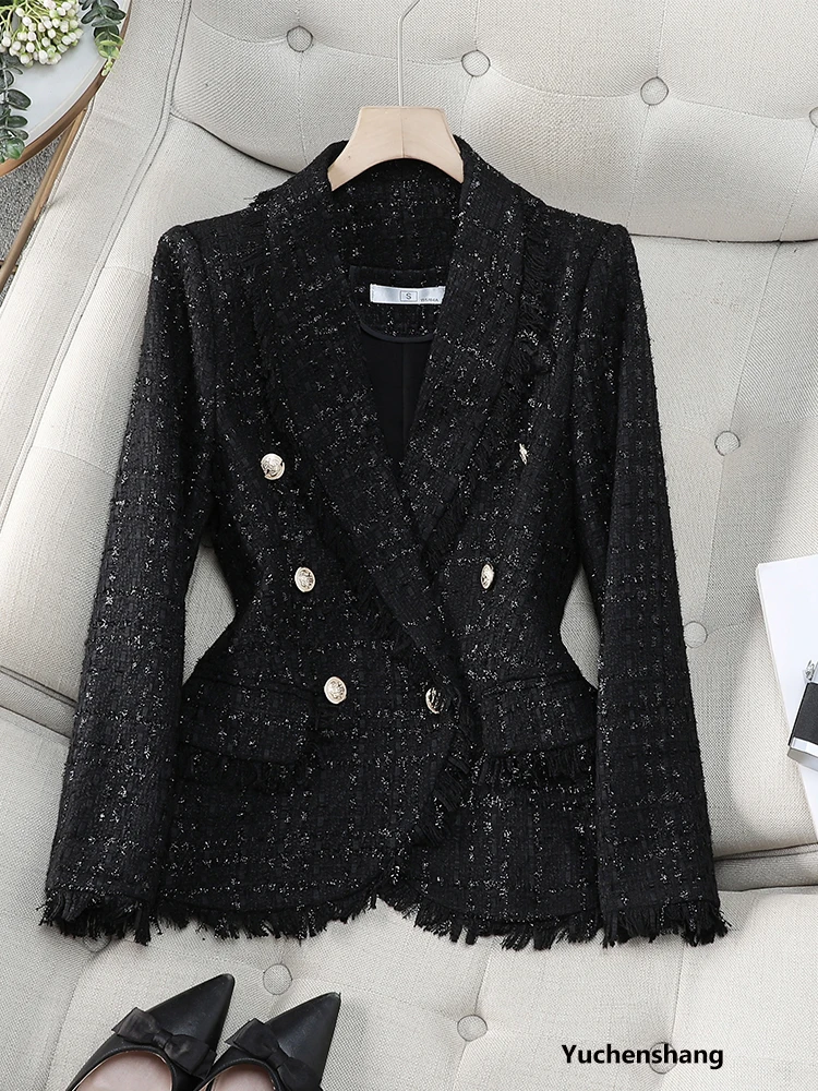 แฟชั่นสีดําสีขาวลายสก๊อตผู้หญิง Blazer สุภาพสตรีหญิงเสื้อแจ็คเก็ตลําลอง