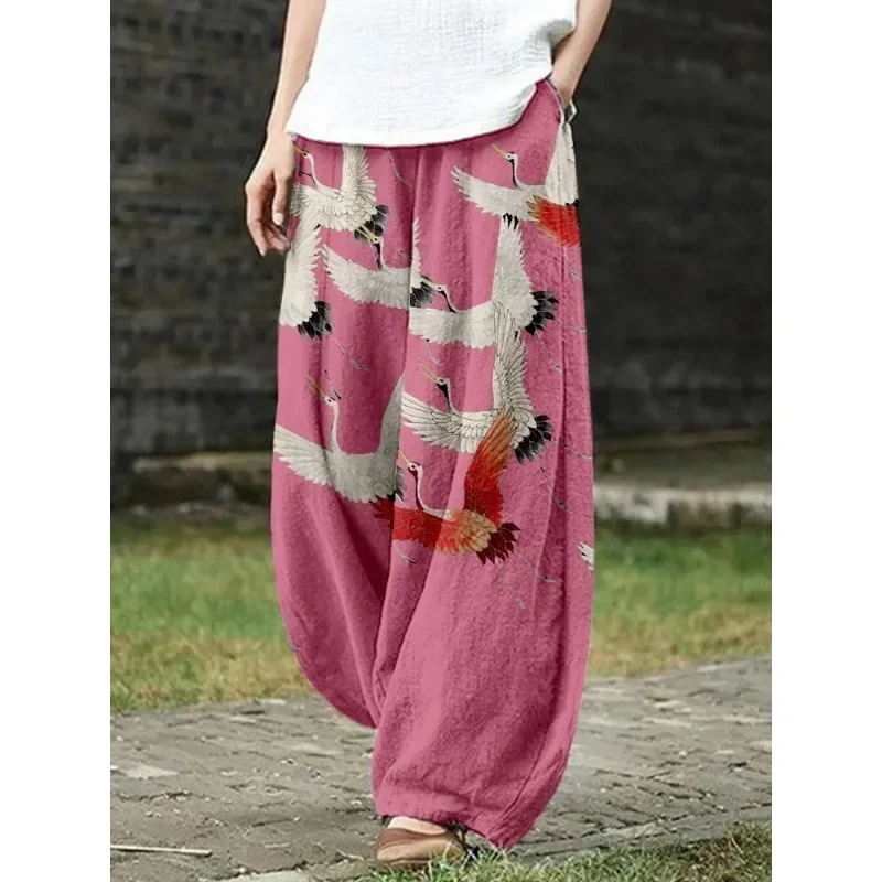 Pantalones informales con estampado de grulla de arte japonés, pantalones con farol de otoño rosa Harajuku, pantalones de pierna ancha bohemios elegantes, pantalones holgados de moda