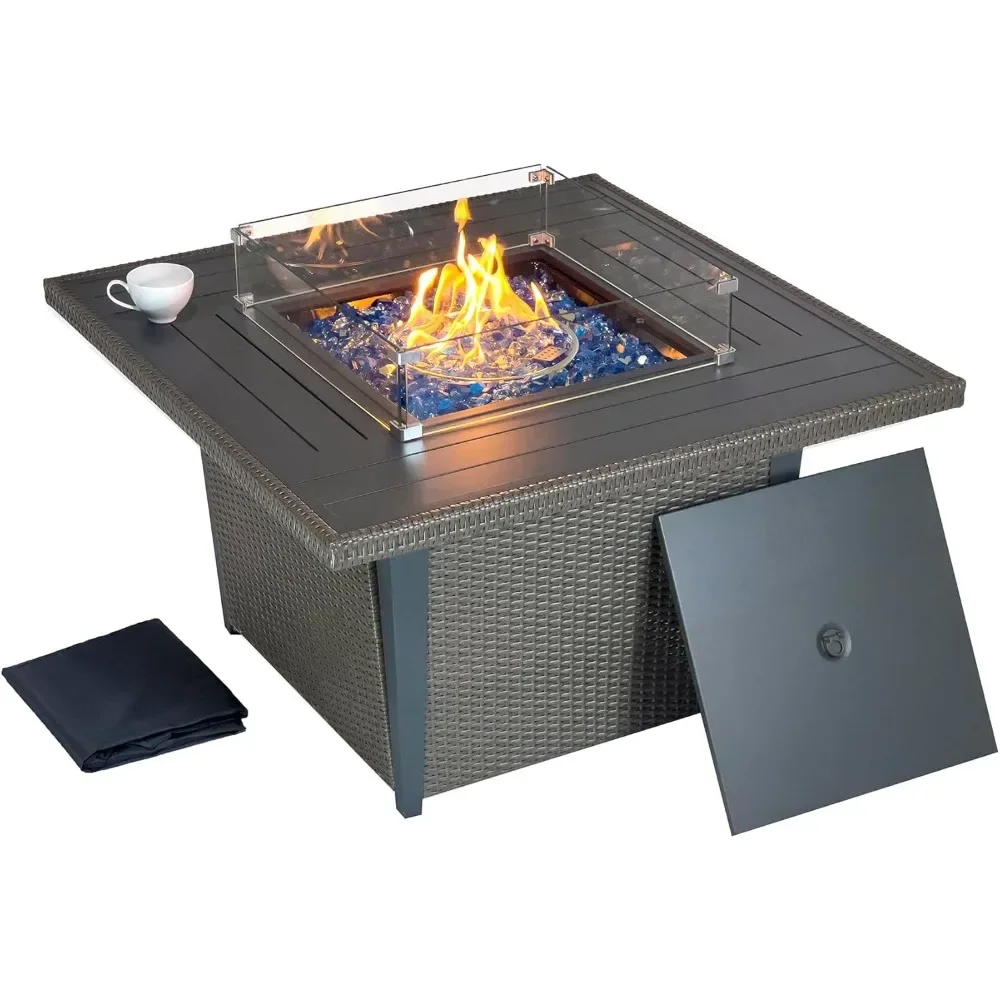 

42-Inch Propane Gas Fire Pit Table，50,000 BTU, CSA Certified, Includes Wind Guard & Fire Glass，Outdoor Rattan Patio Firepit