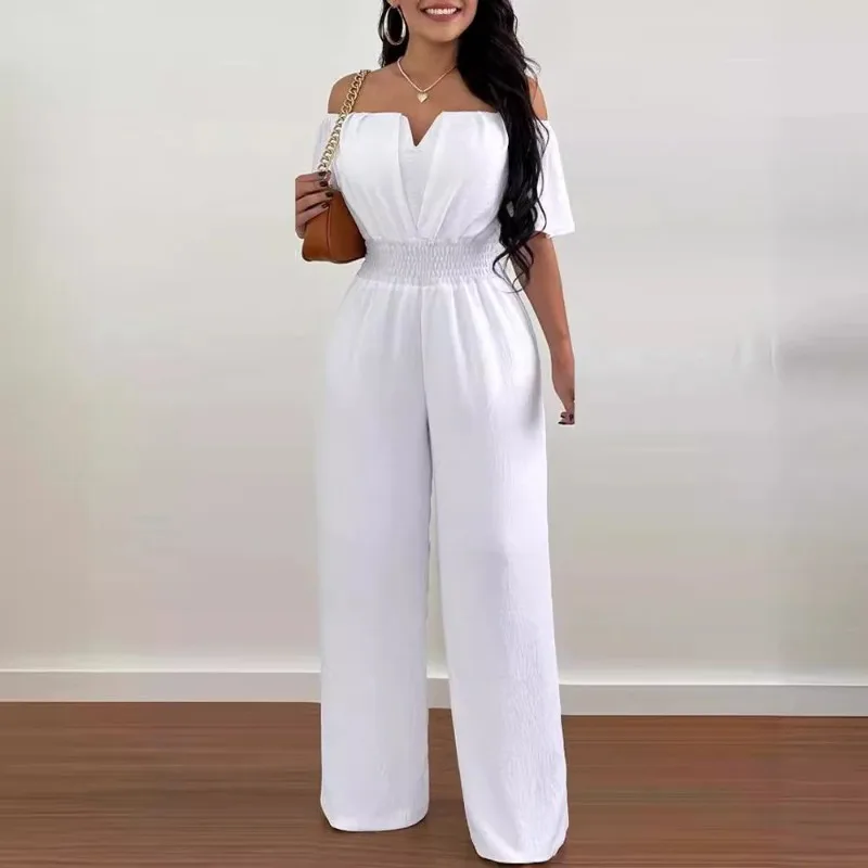 

2024 Spring Summer New Women's Clothing Solid Color off-the-Neck Short Sleeve Waist-Controlled Jumpsuit