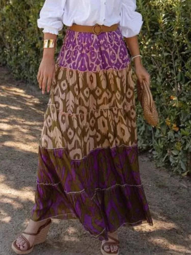 กระโปรงพิมพ์ลายลำลองแฟชั่นผู้หญิงเอวสูงทรงหลวมกระโปรงยาวสำหรับผู้หญิงวันหยุดโบโฮชายหาดสตรีทแวร์เสื้อผ้าผู้หญิงฤดูใบไม้ผลิใหม่