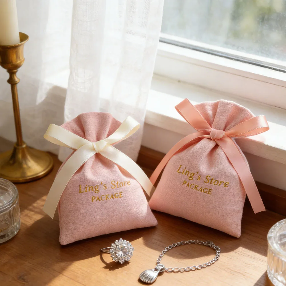 

50pcs Custom Logo Jewelry Cotton Pink Ribbon Pouch Watch Sunglasses Swim Newborn Cloth Packaging Shopping Travel Coins Box Pouch