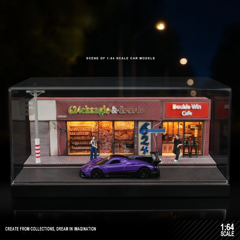 

Миниатюрная сцена для моделирования шоссейного магазина с витриной и подсветкой для хранения автомобиля в масштабе 1/64, украшение для дома, подарок для детей