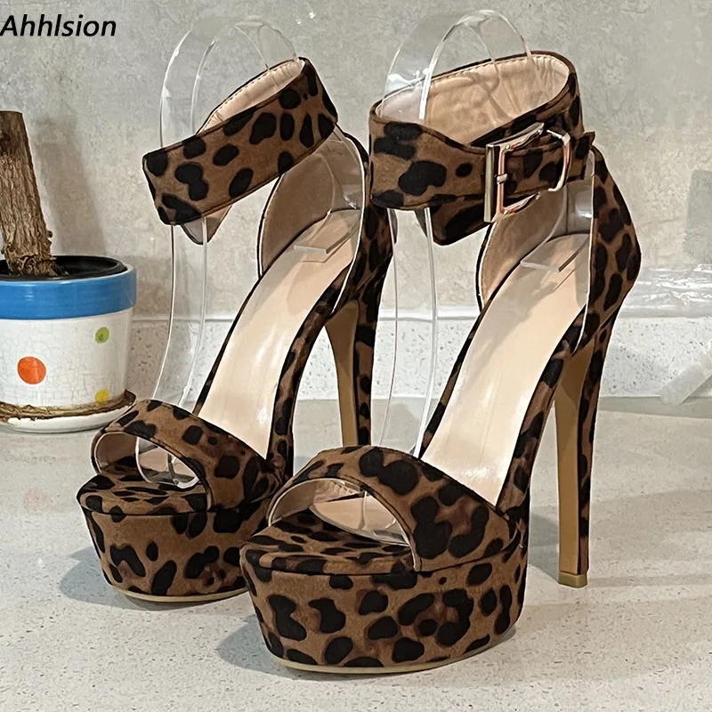 

Ahhlsion/Новые женские летние сандалии, замшевые пикантные туфли на шпильке с круглым носком, красивая леопардовая обувь для вечеринок, женские американские большие размеры 5-20