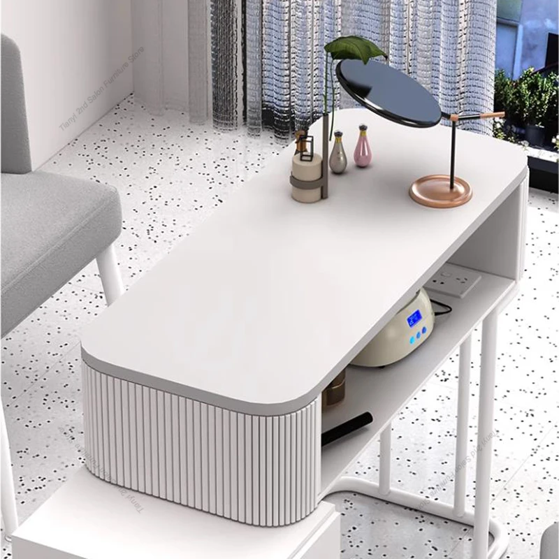 Cream Style Dressing Manicure Table Glass Tabletop Storage Modern Reception Nail Tables Simple Salon Furniture Nail Desk LLMT