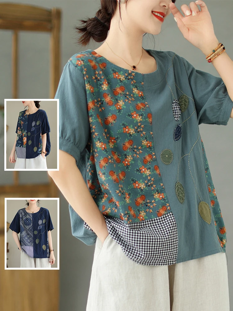 

Круглая футболка в клетку Color Blo с вышивкой Ne больших размеров, женский топ для похудения Mommy Sle ort Sve с цветочным принтом