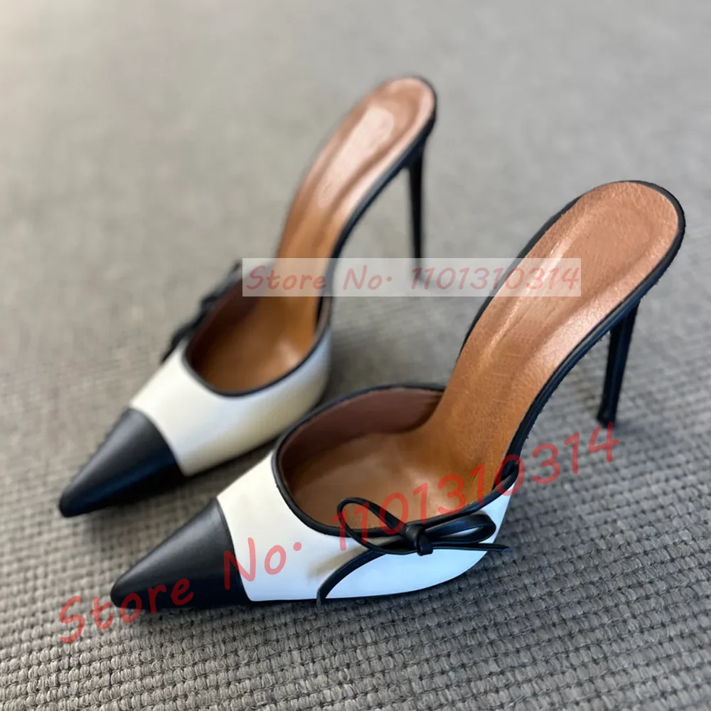 Two-tone Splicing Pointed Toe Mules Women Elegant Bow Decal Shallow High Heels Shoes Ladies Luxury Black-white Fashion Slippers