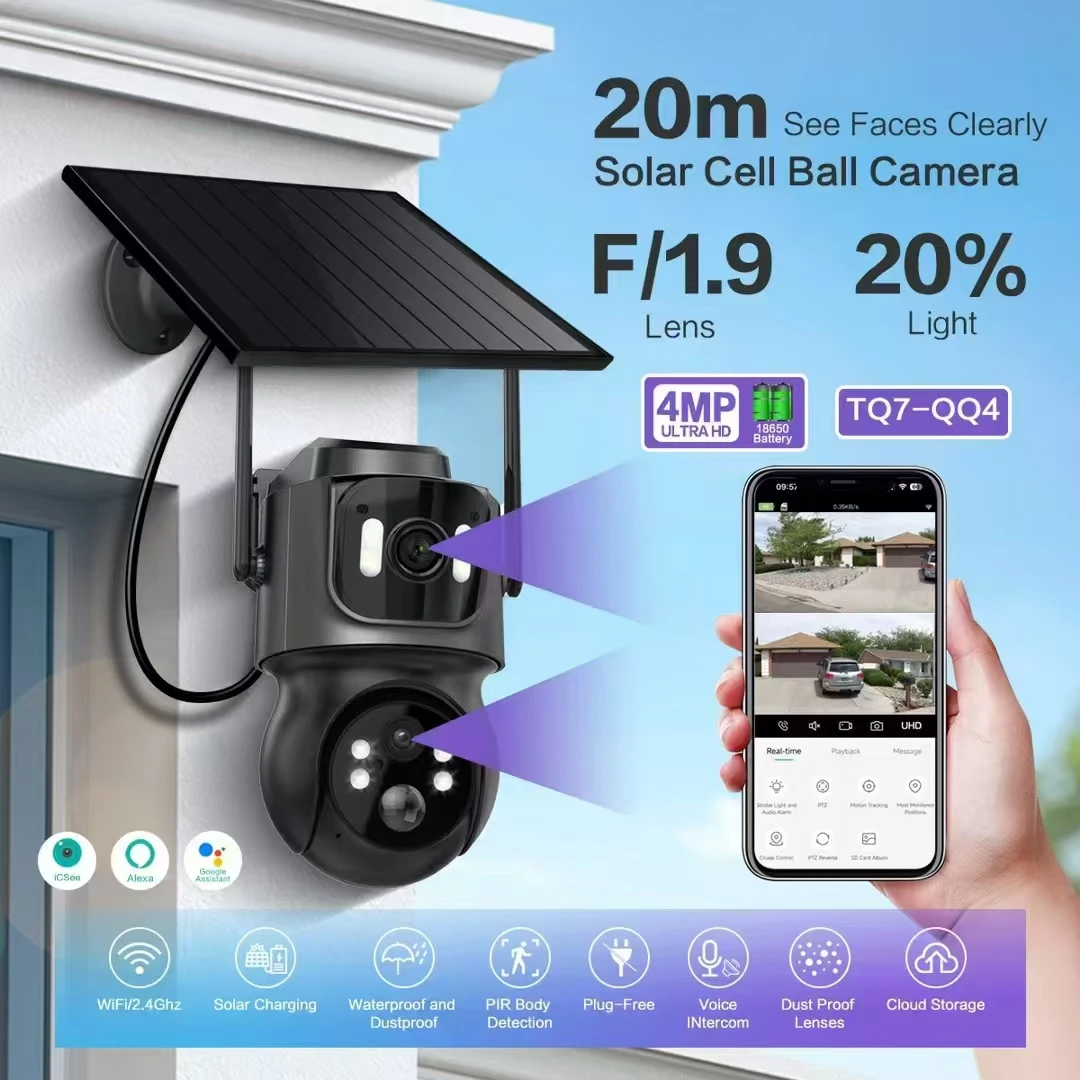 ICsee في الهواء الطلق واي فاي كاميرا تعمل بالطاقة الشمسية عدسة مزدوجة لوحة طاقة شمسية المدمج في بطارية كاميرا متحركة لاسلكية 4MP الأمن عدسة مزدوجة كاميرا تعمل بالطاقة الشمسية #3