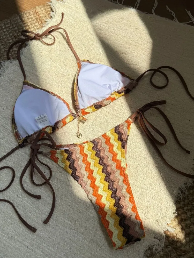 Neues Bikini-Set für Damen, Sommer, 2025, neue sexy Spitze, orangefarbener Farbverlauf, Push-Up-Krawatte, seitliches Dreieck, Strandurlaub, Bademode, 2-teiliges Set
