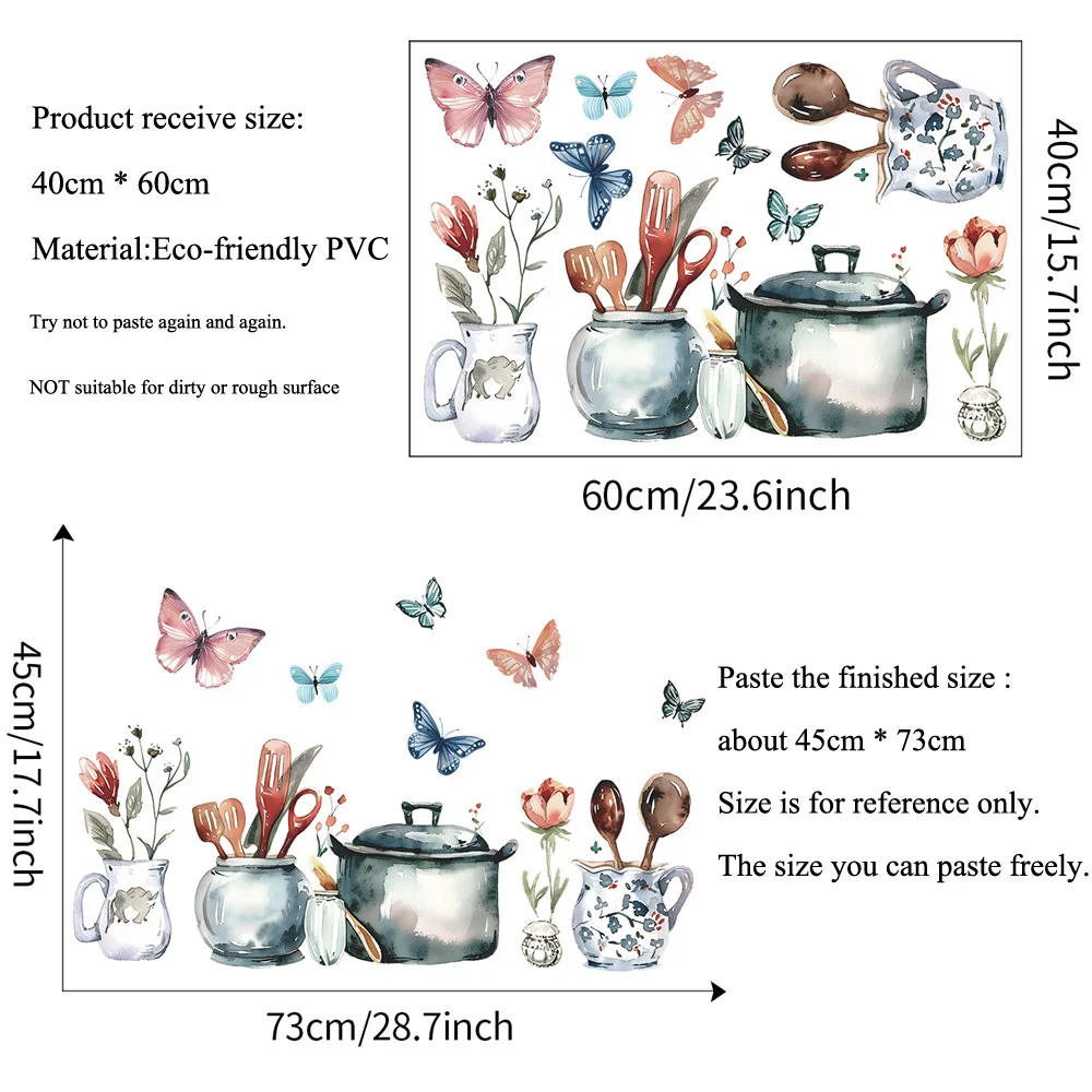Kitchenware Pattern Butterfly Wall Sticker For Kitchen Restaurant Decoration Mural Room Home Decor Beautify Self-adhesive Decals