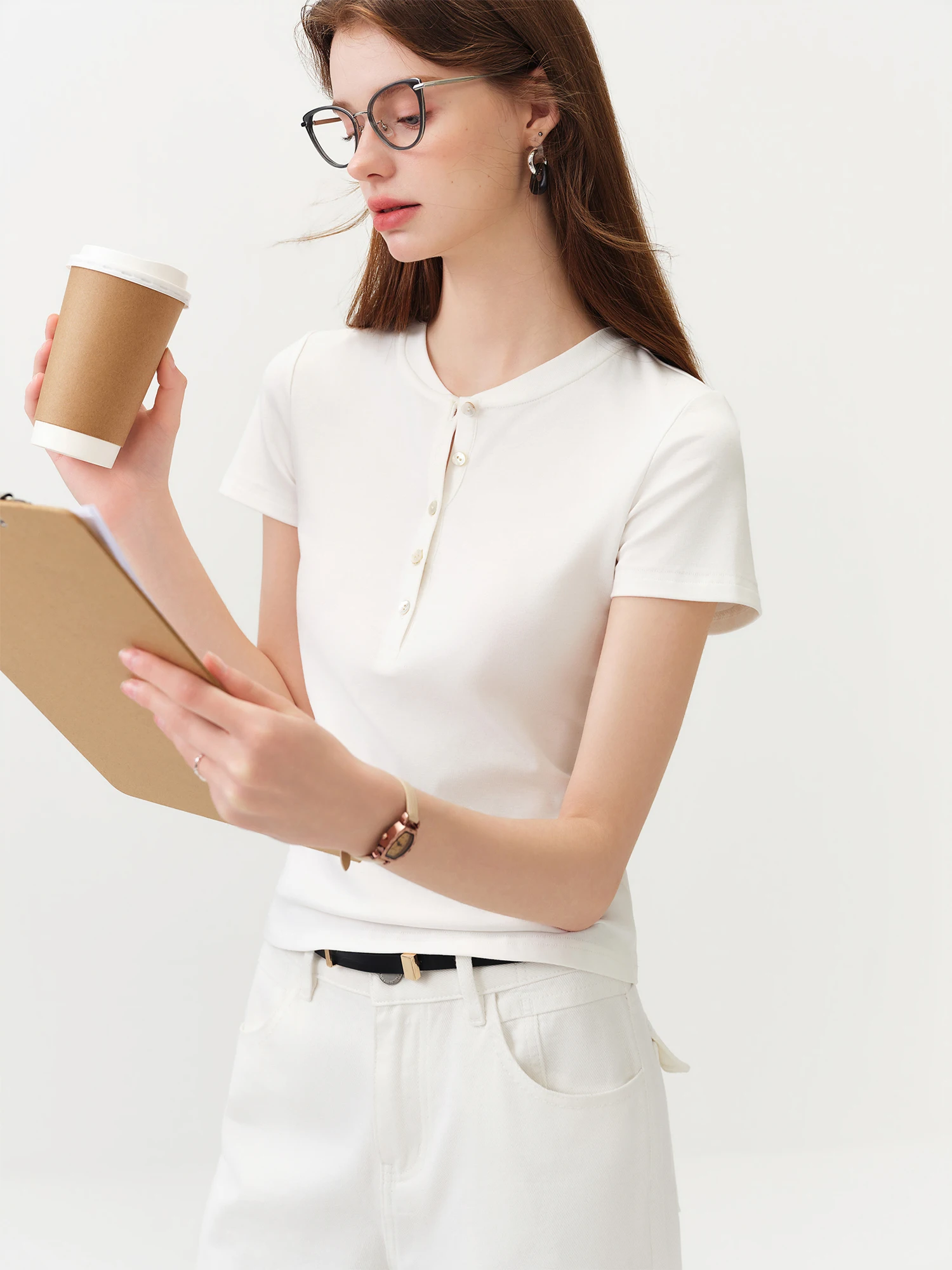 FSLE New Summer Women's Fitted Short Sleeve White T-Shirt with Buttons Soft Cotton Lyocell Office Commute Daily Versatile Top image 4