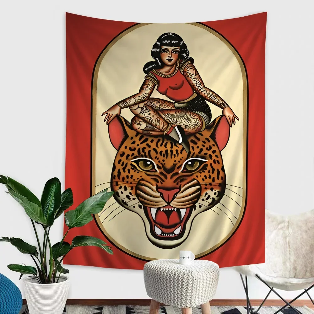 VIKAMA Wild Tiger Tapestry Vintage Tattoo Woman Living with Beasts Fade-proof Living Room Bedroom Decorative Tapestry