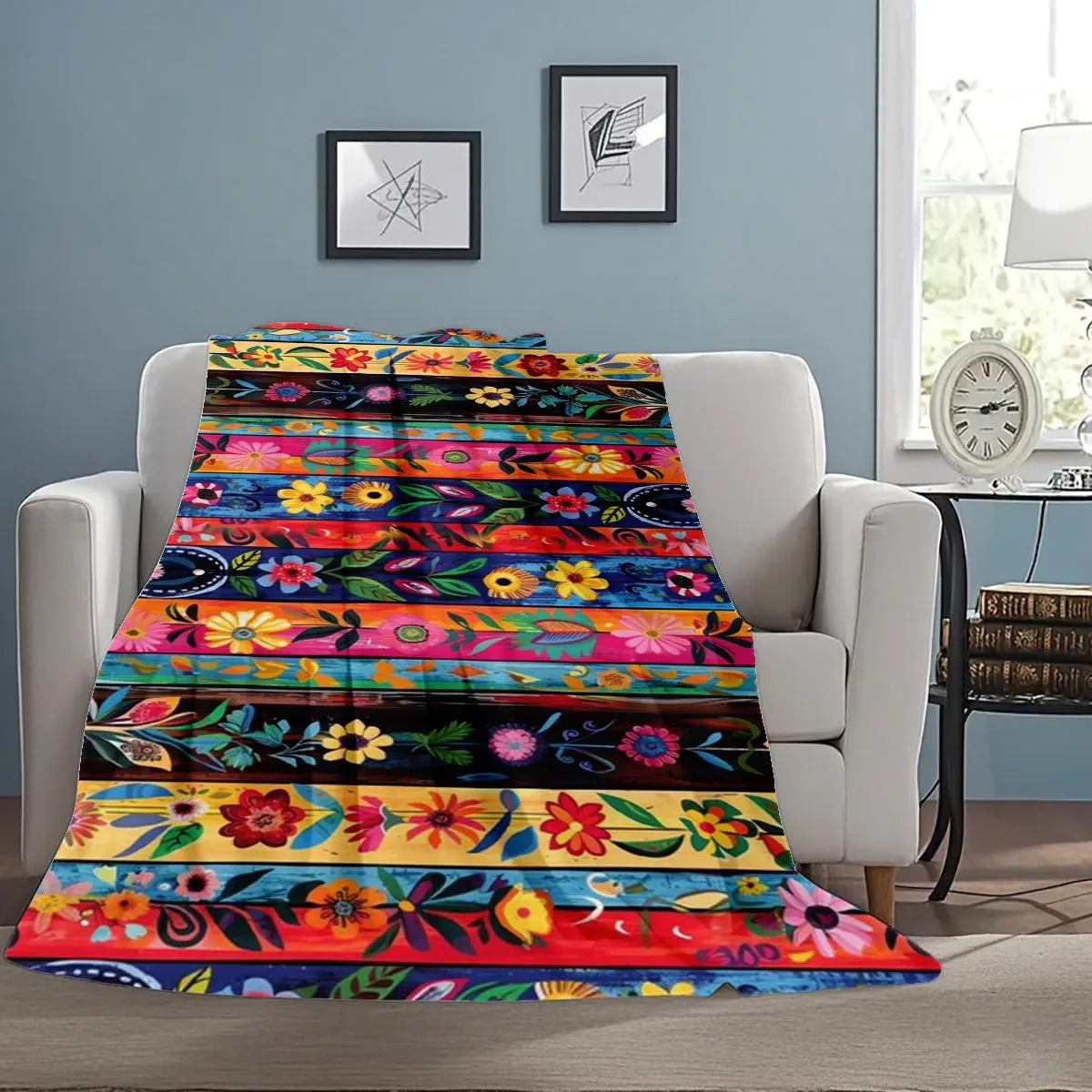 Mexican Style Colorful Floral Stripe Print Blanket 2D Digital Printing Soft Warm Thickened Flannel Blanket Four Seasons Universa - view 3