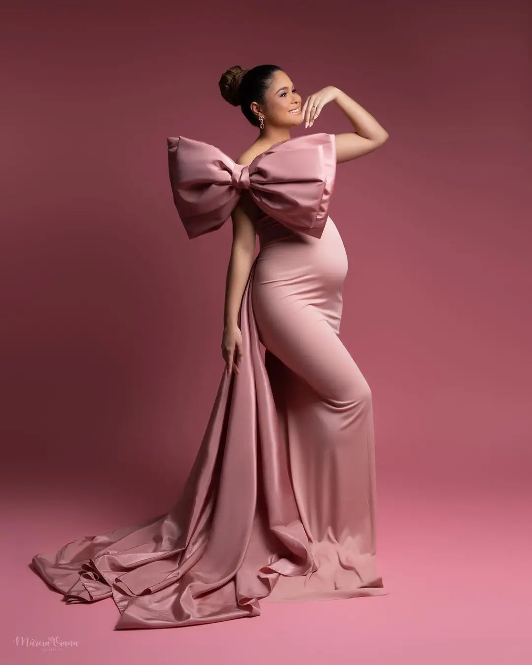 Pink Bow Wedding Maternity Dress for Photoshoot Plus Size Pregnancy Baby Shower Photography Gown for Wedding Guest Custom #18457