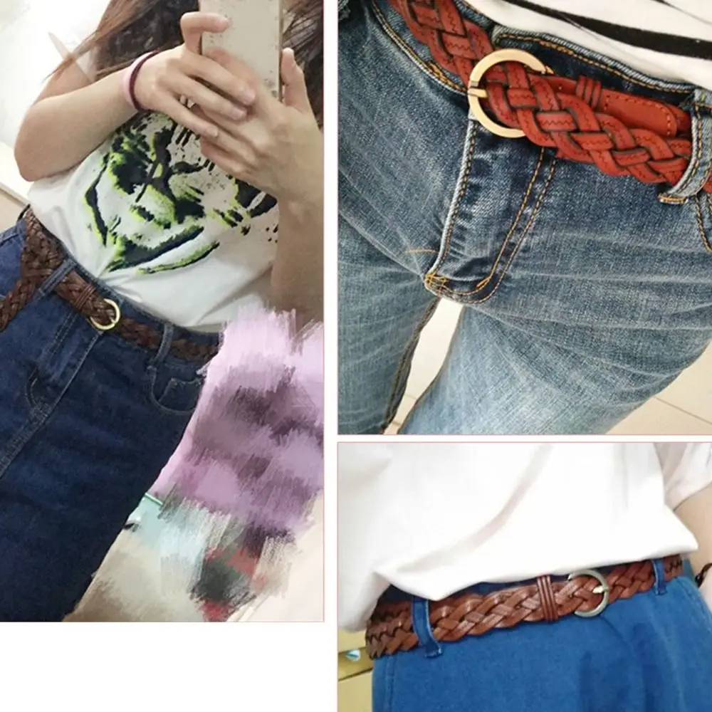 Female Vintage Wild Pin Buckle Waistband Weave Waist Band Ladies Dress Cummerbands Cowhide Braided Belt