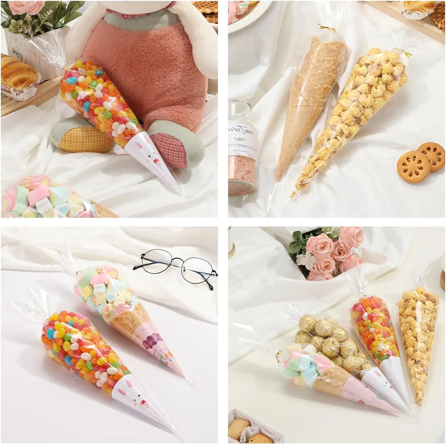 100pcs Cone Shaped Cellophane Treat Bags Clear Popcorn Bags with Twist Ties for Gift Servings Party Favor Snack Wraps Packaging