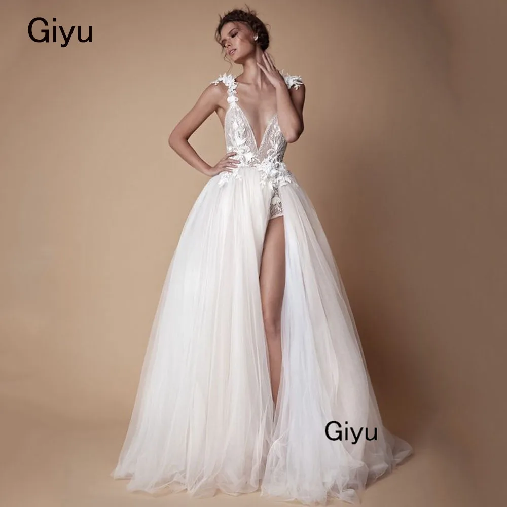 

Giyu Fairy Lace Followers Wedding Dress For Woman Backless Deep V-Neck Side High Slit A-line Vestidos Novias Boda Bridal Gown