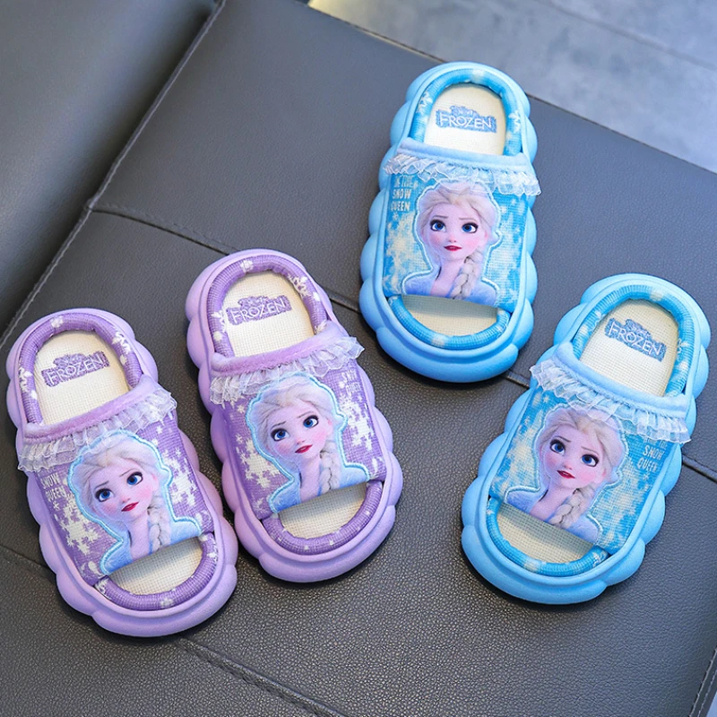 Children\'s Linen Slippers in All Seasons Disney Frozen Girls Princess Slippers Anti-Slip Baby Sandals Comfy Home Shoes for Kids