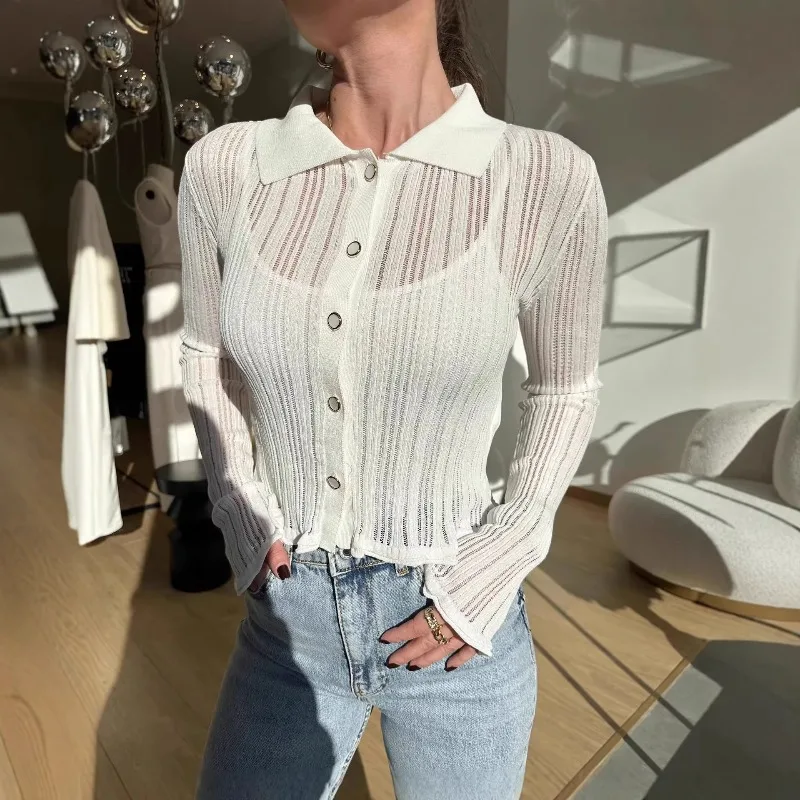 

Tuularose Fashion Spring Cardigan Women's New Lapel See-through Patchwork Sweater 2026 Chic Commuting Elegant Cardigan For Women