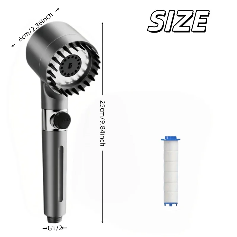 Gray Medium High Pressure Filter Shower Head 3 Spray Modes One Key Stop Water Saving with 5 Replacement Filters Shower Only