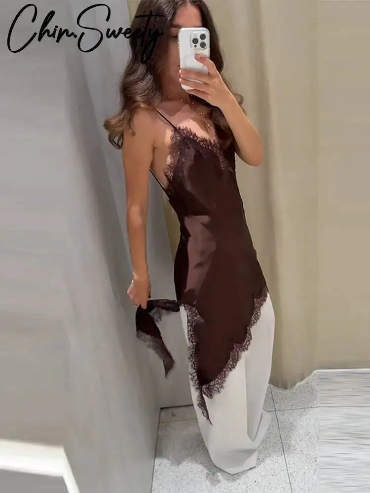 Vintage Brown Lace Patchwork Women Dress Sexy Sleeveless Backless Female Dresses 2025 Summer Autumn Party Lady Robe New