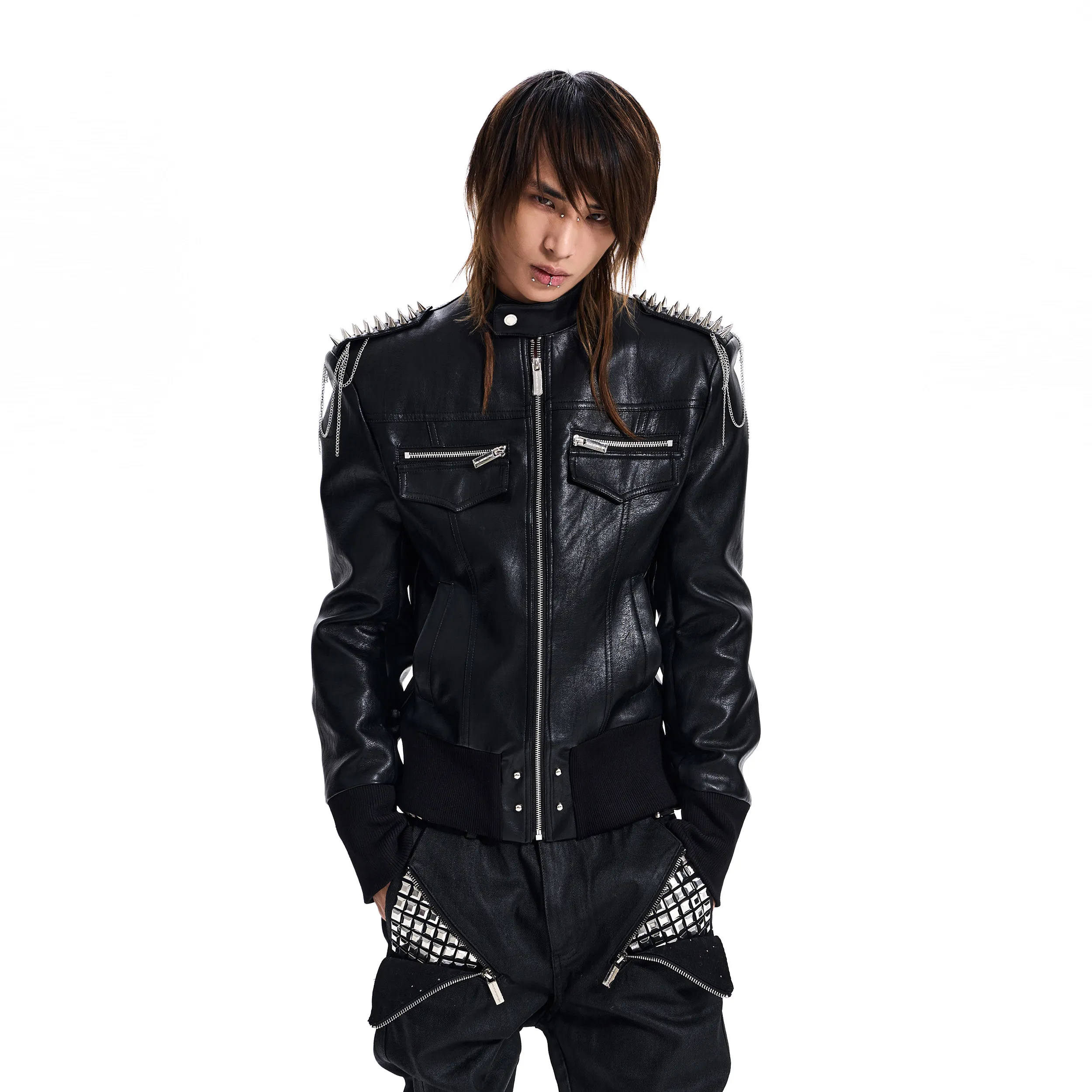 Men's Studded PU Leather Jacket Cropped Stand Collar Punk Coat for Autumn Winter Streetwear and Alternative Fashion Outfits
