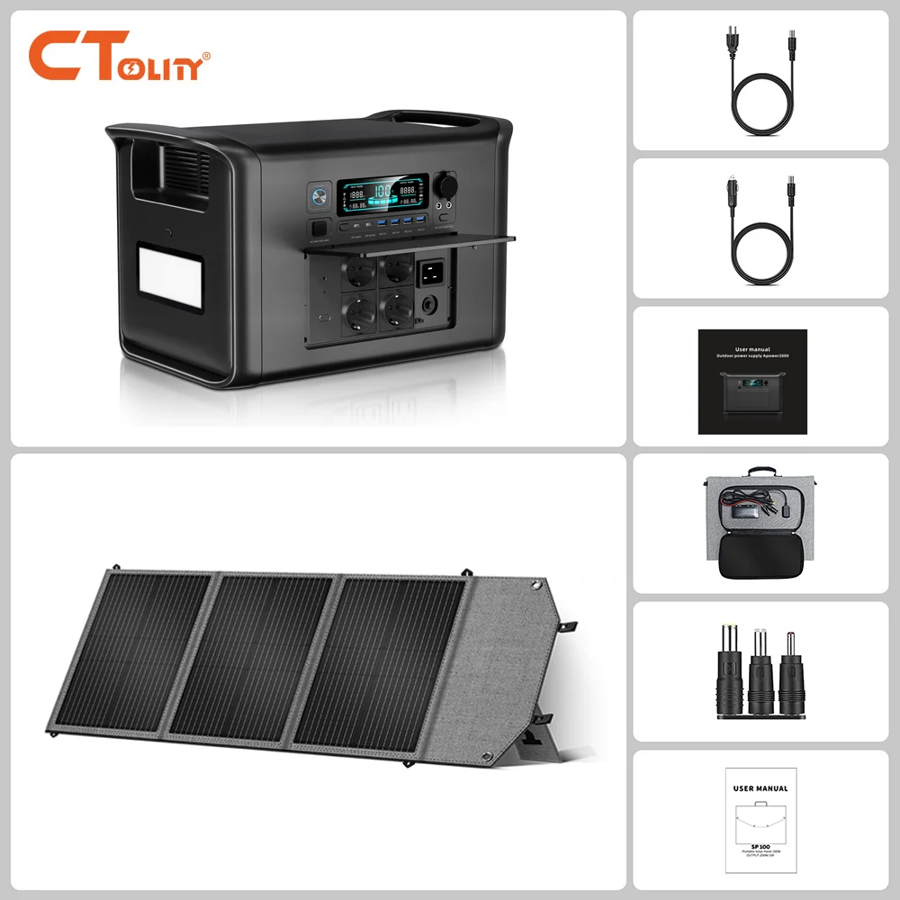 CTOLITY AP2000 2400W 2048Wh Powerstation mit 100W Solarpanel, reiner Sinuswelle, LiFePO4-Akku, tragbarer Camping-Solargenerator, Notstromversorgung für Zuhause, USB Typ-C