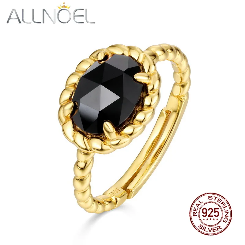 

ALLNOEL S925 Silver 9*7MM Natural Black Onyx Vintage Twist Geometric Round Live Ring Gold Plated Black Agate Ring for Women