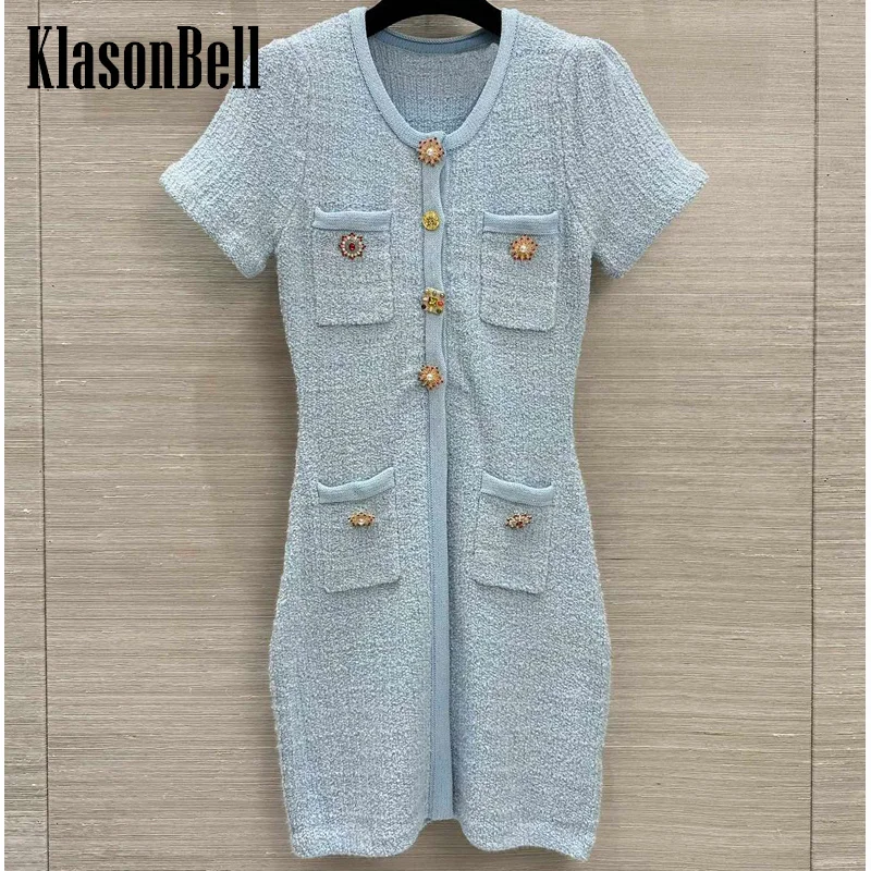 

7.25 KlasonBell Women Pearl Diamonds Button Four Pocket Short Sleeve Mini Dress Fashion Sweet Wool Blend Knit Slim Dress