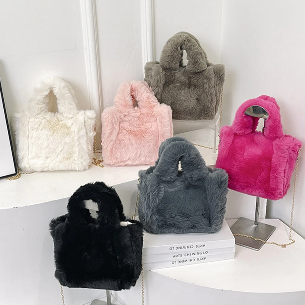 Зимняя плюшевая сумка на плечо, пушистые сумки из искусственного меха для женщин, мини-теплая мягкая сумка-шопер с цепочками, сумка через плечо, клатч