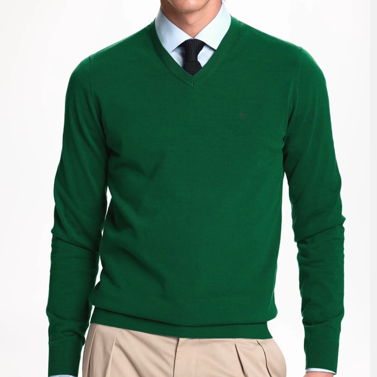 Suéter Masculino CH com Decote em V, Ajuste Slim, Manga Longa, Pullover de Tricô com Pequeno Bordado, Top Casual para Negócios