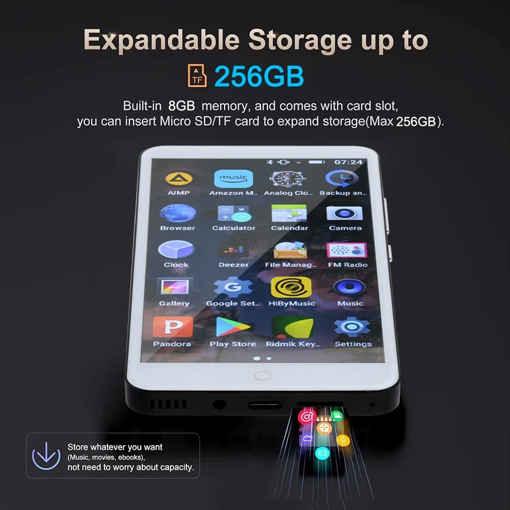 Lettore MP3 a schermo intero da 5,0 pollici Lettore musicale Bluetooth Altoparlante incorporato 8 GB MP3 Riproduzione video MP4 Fotocamera Registratore FM/E-book