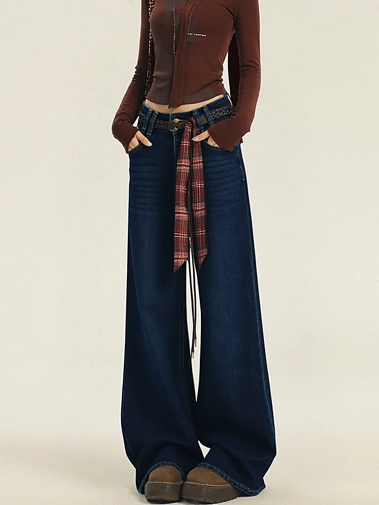 

Американские ретро-джинсы с высокой талией и расклешенными штанинами, женские джинсы с поясом, широкие прямые джинсы, осенняя новинка, эффект стройности