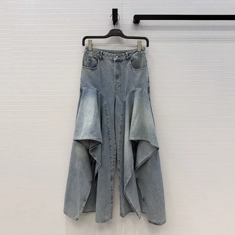 

Women's ruffled distressed wash jeans, high-waisted versatile wide-leg pants, high-quality work pants, 2026, new style, Y2K