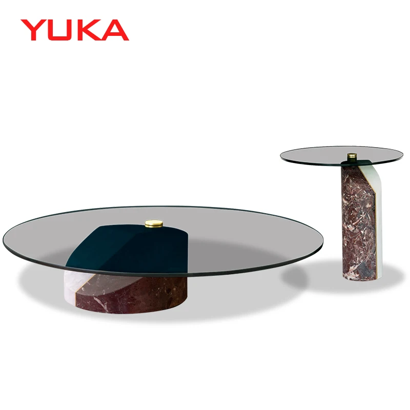 italian design tempered glass coffee table modern marble plinth round side table for living room furniture