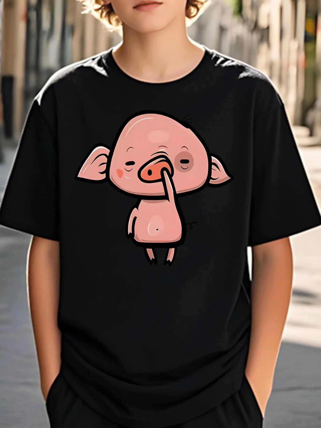 Lovely Shy Pink Pig Funny Cartoon Print Boys Girls Family Matching Cotton Short Sleeve Crew Neck Soft Summer Kids Casual Tees