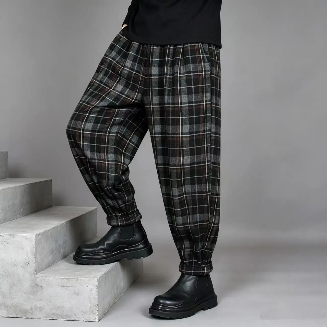Autumn and Winter Velvet Pants Men's Loose Small Feet Harlan Pants Printed Trend Ruffian Handsome Plaid Large Size Casual Pants
