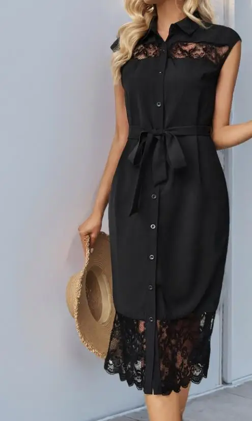 

Casual Women's Dress 2025 Summer Solid Color Simple Sleeveless V-Neck Button Long Shirt Dress Lace Splicing Dress Lapel Dress
