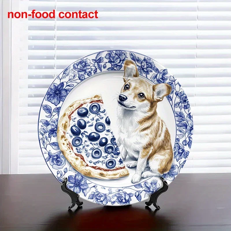 1pc 8-Inch Round Ceramic Wall Art Plate - Vintage Dog & Pizza Design, Floral Pattern, Non-Food Contact Decorative Plaque for
