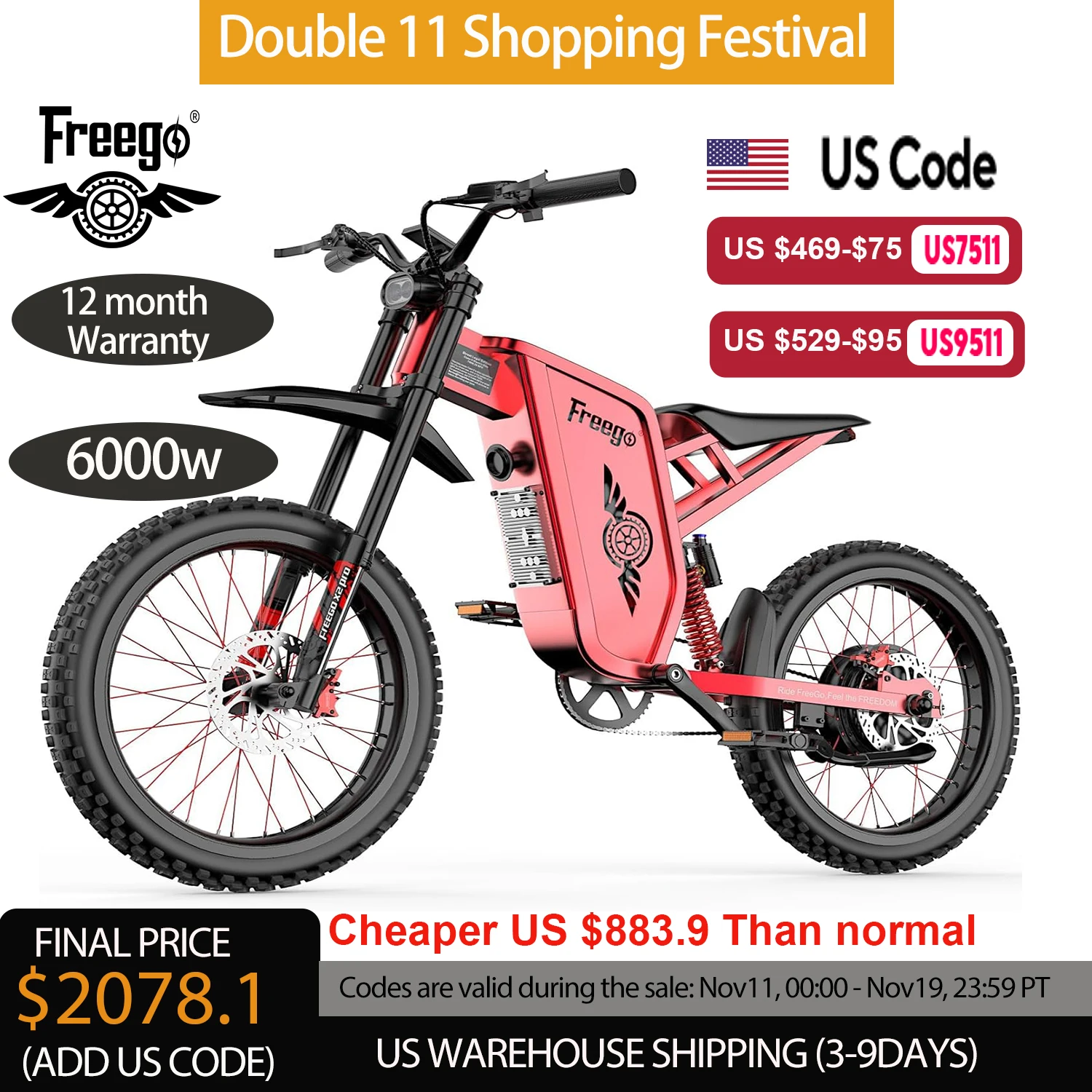 

Four-Piston Hydraulic Brake Electric Dirt Bike 6000W Electric Motor 60V/30Ah 50MPH/7 Speed Off Road E-Bicycle Full Suspension