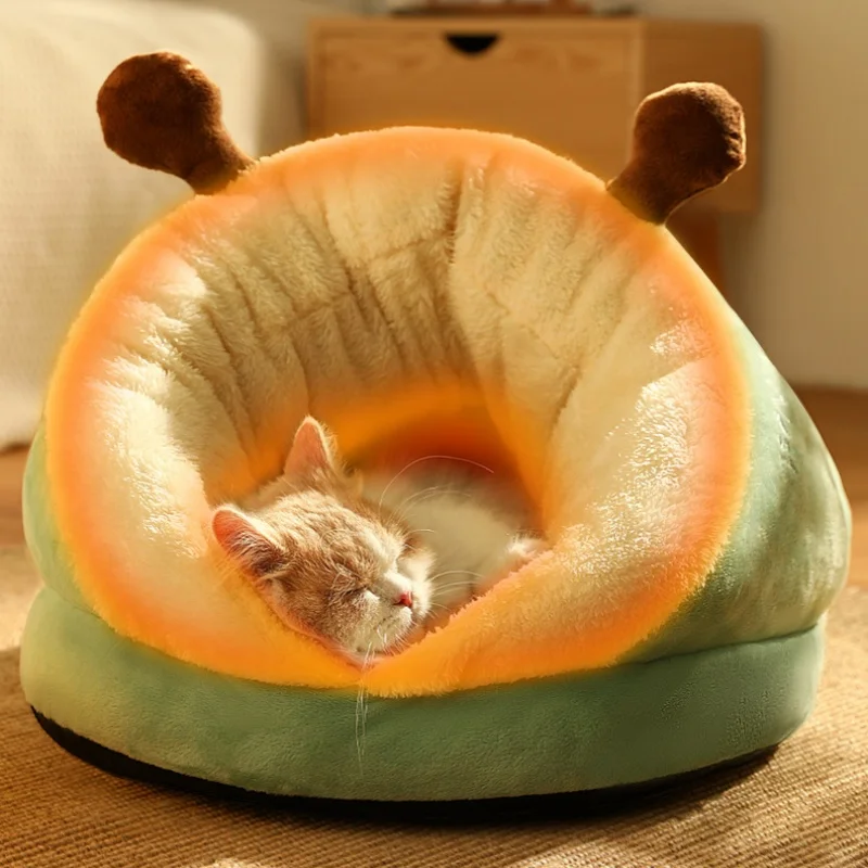 Plush Pet Bedautumn And Winter Soft Plush Round Cushion House 2 In 1 Semi-enclosed Shell Shape Cat Nest Kennel Small Dog Bed