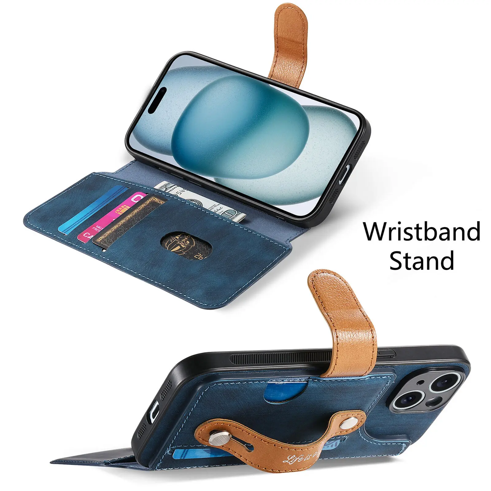 กระเป๋าสตางค์หนังสําหรับiPhone 16 15 14 Plus 13 12 11 Pro MaxสายKickstandช่องเสียบบัตรเครดิตกันกระแทกปกหลังShell