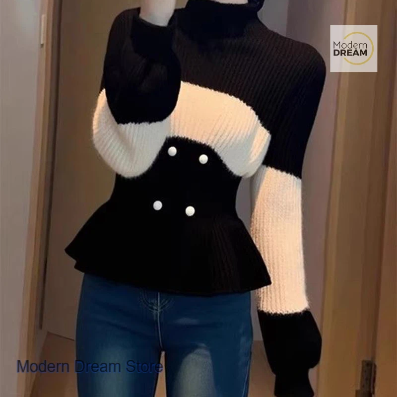 

French gentle fragrance black and white contrast high collar ruffled long sleeve sweater women's autumn and winter slim top