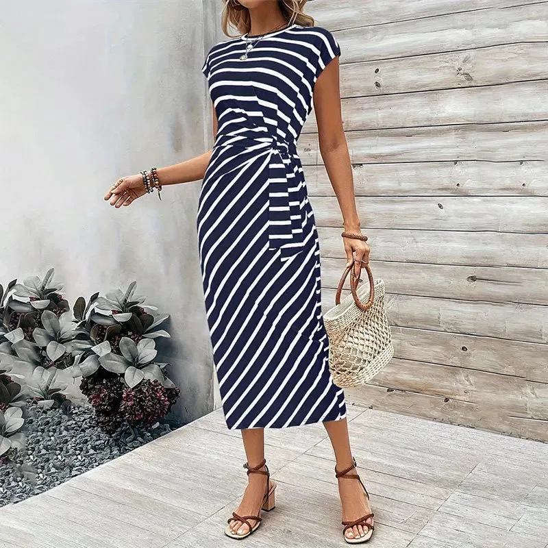 

Fashion Women's Dress Modern Dance Elegant Dress Striped Round Neck Short-sleeved Clothing Uniforms For Evening Party Women Gift