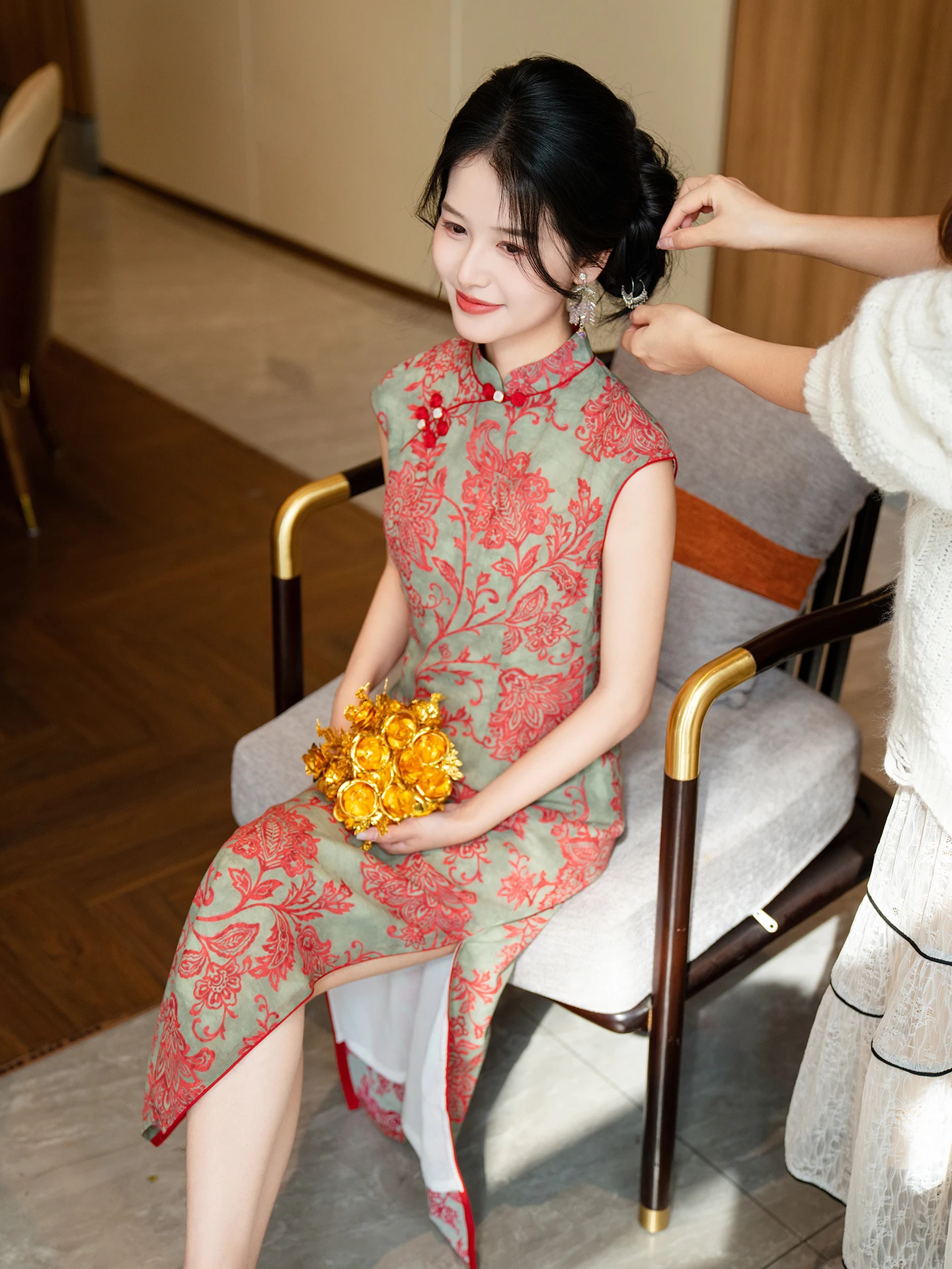 

New Chinese Style Sleeveless Qipao Dress Green Red for Women Summer Vintage Wedding Low Slit Polyester Fiber Breathable