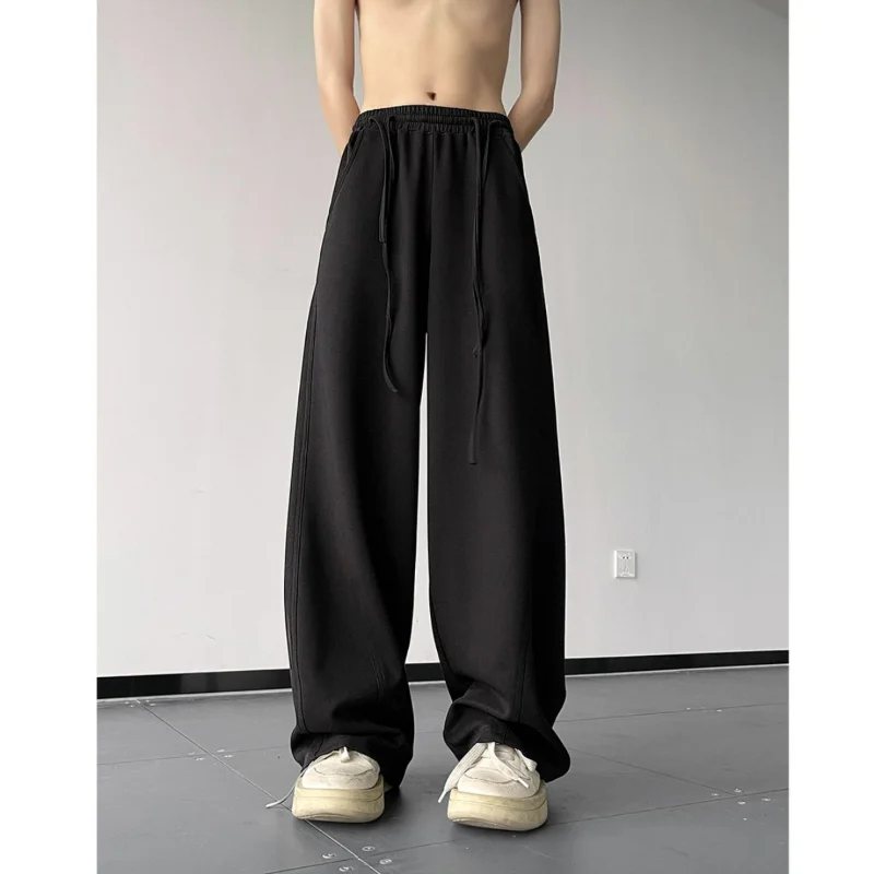 American High Street Straight Pants Trendy Fashion Autumn New Men\'s Solid Pocket Elastic Waist Drawstring Loose Sports Trousers