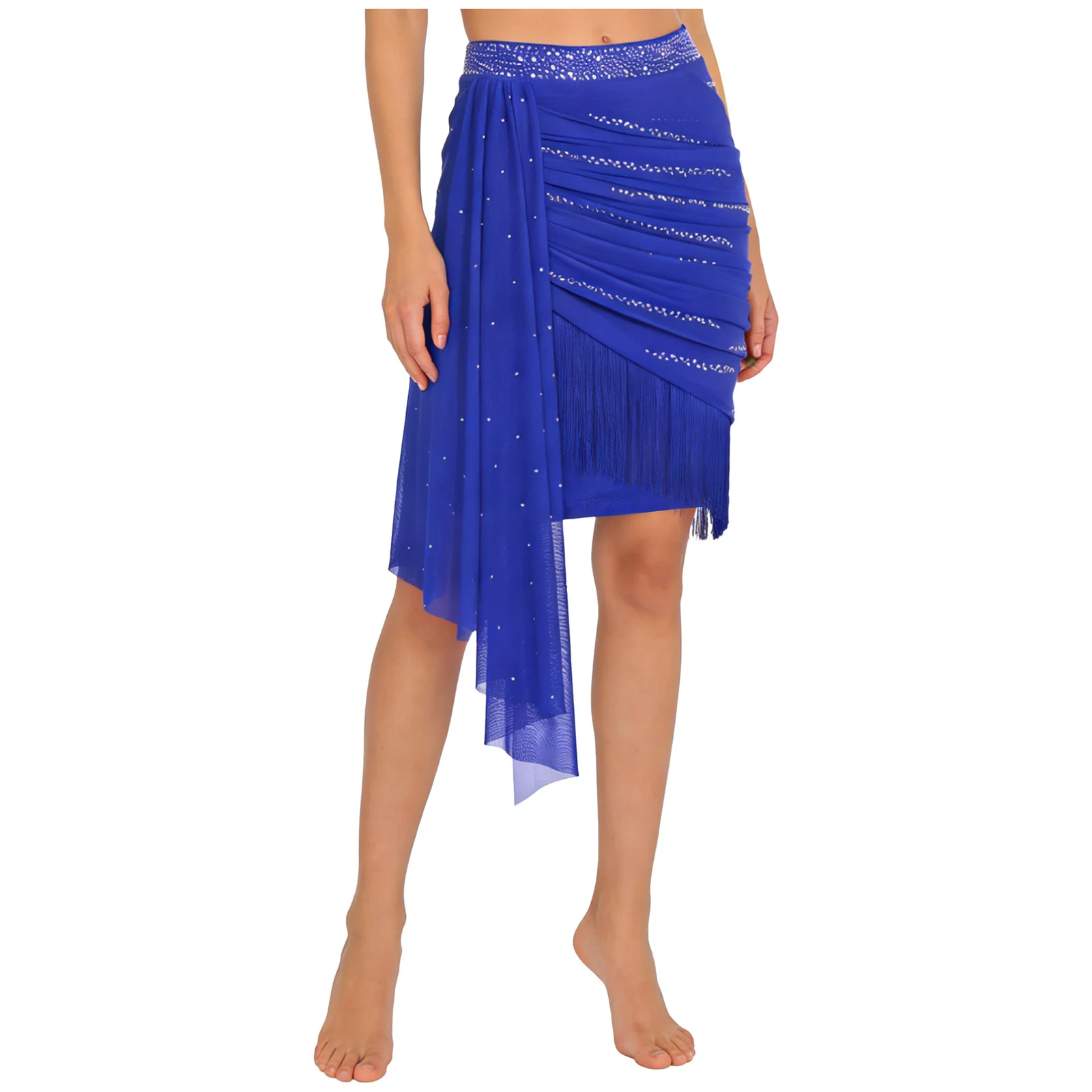 Women Rhinestones Tassels Salsa Latin Cha-cha Dance Performance Skirt Mesh Drape Ruched Fringe Skirt for Latin Samba Dance Wear