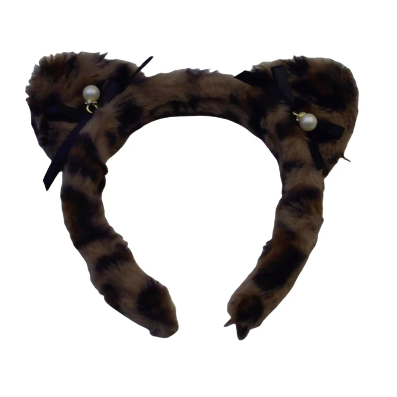

Trendy Leopard Pattern Cat Ear Headband Women Furry Plush Hair Hoop Music Festival Holiday Party Makeup Role Play Props Hairband