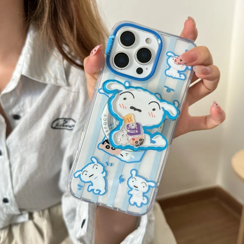 

Cute cartoon stripe house Crayon Shin-chan Magsafe Wireless Charge Case For iPhone 13 14 15 16 Pro Max 3D Shake Magnetic Stand