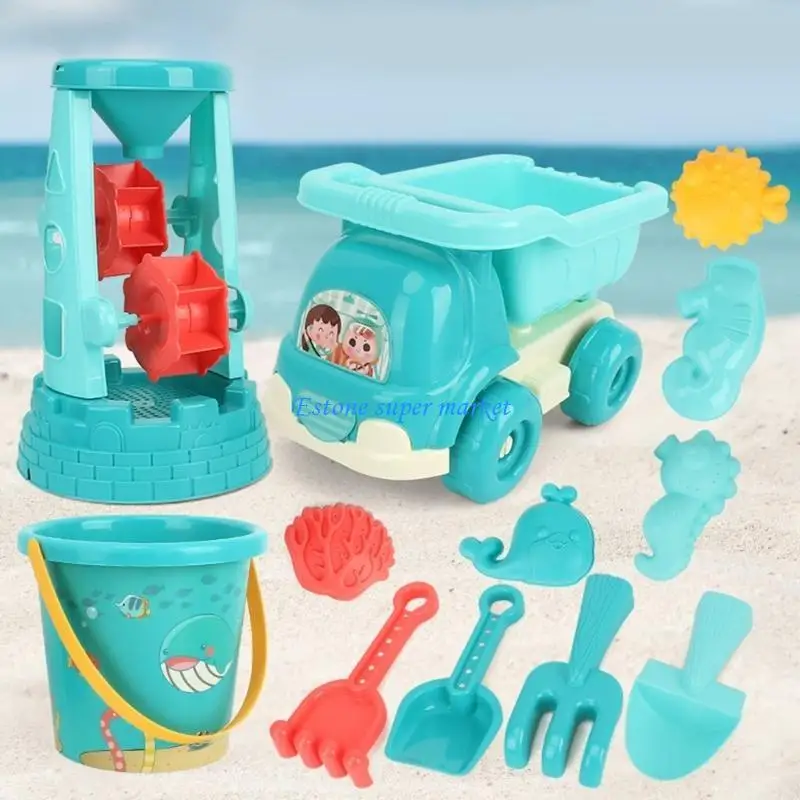 090bサンドトイビーチセットサンドホイール、トラック、バケツ、シャベル、レーキ、砂型の幼児用の建物キットを添えた12個